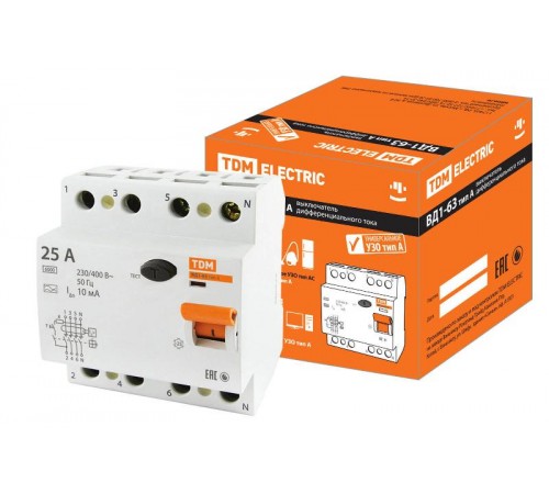 Выключатель дифференциальный (УЗО) ВД1-63 4п 25А 10мА тип A  SQ0203-0084  TDM