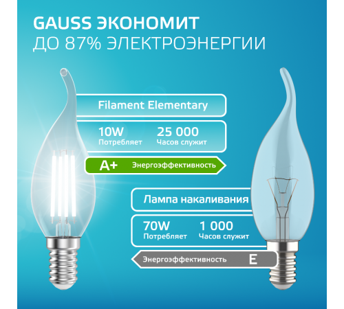 Лампа светодиодная   Filament Elementary Свеча на ветру 10W 670lm 4100К Е14 LED 1/10/100  42120  Gauss
