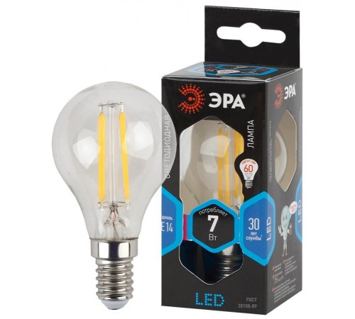 Лампа светодиодная F-LED P45-7W-840-E14 (филам, шар, 7Вт, нейтр, E14) (10/100/3000)  Б0049891  ЭРА