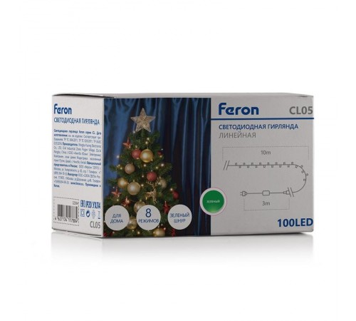 Светодиодная гирлянда CL05 линейная 10м +1.5м 230V зеленый c питанием от сети  32306  Feron
