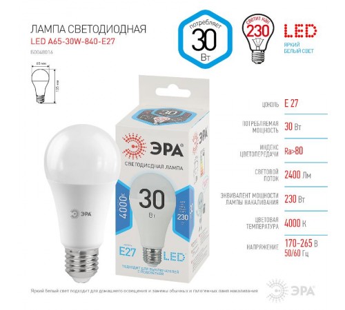 Лампа светодиодная LED A65-30W-840-E27 (диод, груша, 30Вт, нейтр, E27) (10/100/1200)  Б0048016  ЭРА