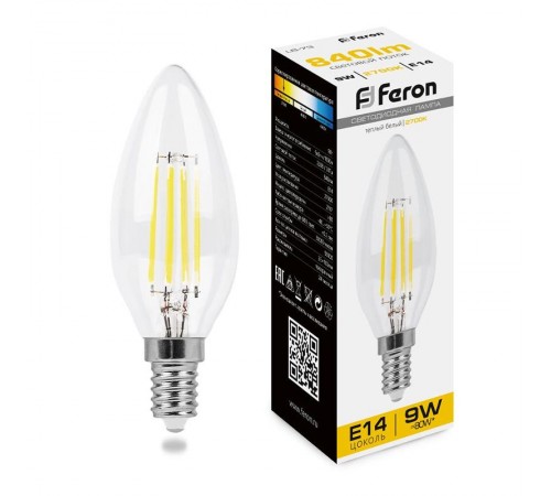 Лампа светодиодная LB-73 (9W) 230V E14 2700K филамент С35 прозрачная  25956  FERON