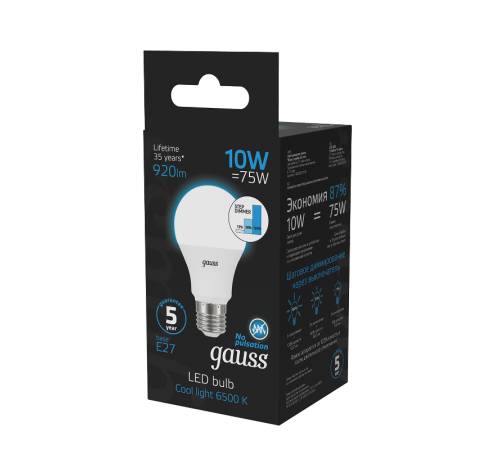 Лампа светодиодная A60 10W 920lm 6500K Е27 шаг. диммирование LED 1/10/50  102502310-S  Gauss