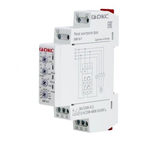 Реле контроля фаз, 3 фазы, тип DRF, контроль напряжения , контроль обрыва фаз, контроль чередования фаз, контроль асимметрии, конфигурация контакта 2C