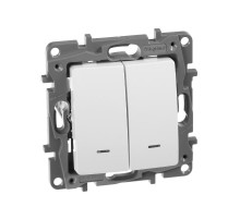 Etika Белый Переключатель 2-клавишный с подсветкой, 10А, автозажимные клеммы  672216  Legrand
