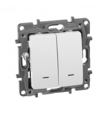 Etika Белый Переключатель 2-клавишный с подсветкой, 10А, автозажимные клеммы  672216  Legrand
