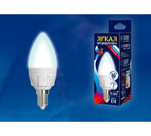 Лампа светодиодная LED-C37 7W/NW/E14/FR PLP01WH LED. "свеча", матовая. серия Яркая, пр-во Россия, 4000K  UL-00002411  Uniel