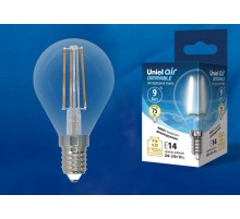 Лампа светодиодная LED-G45-9W/4000K/E14/CL/DIM GLA01TR LED диммируемая. "шар", прозр серия Air. 4000K  UL-00005192  Uniel