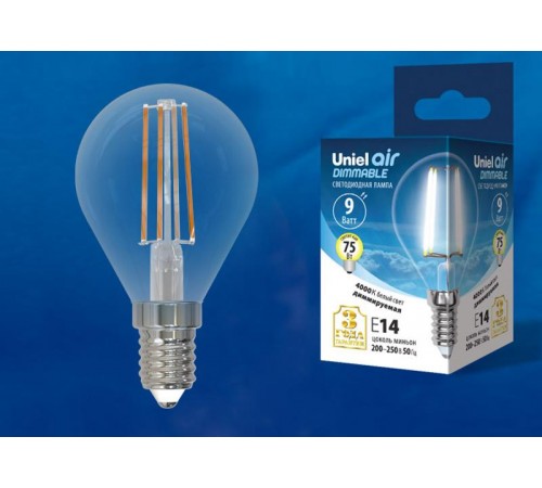 Лампа светодиодная LED-G45-9W/4000K/E14/CL/DIM GLA01TR LED диммируемая. "шар", прозр серия Air. 4000K  UL-00005192  Uniel