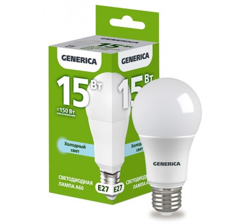 Лампа светодиодная A60 груша 15Вт 230В 6500К E27   LL-A60-15-230-65-E27-G  GENERICA
