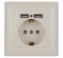 Розетка Intro Solo 4-410-02 с заземлением P+E Schuko со шторками, 16А-250В + 2хUSB, IP20, СУ, слоновая кость  Б0053714  Intro