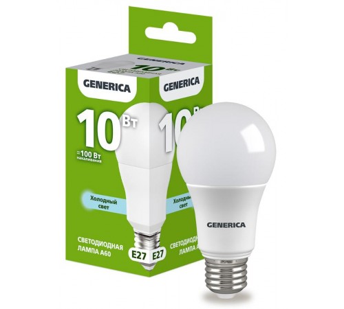 Лампа светодиодная A60 груша 10Вт 230В 6500К E27   LL-A60-10-230-65-E27-G  GENERICA