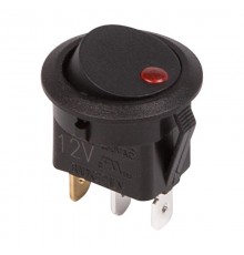Выключатель клавишный круглый 12V 16А (3с) ON-OFF черный с красной подсветкой  36-2580  REXANT