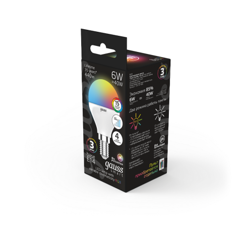 Лампа светодиодная Smart LED Шар G45 6W E14 RGBW+dim 1/10/100  105101406  Gauss