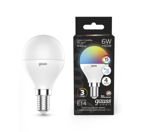 Лампа светодиодная Smart LED Шар G45 6W E14 RGBW+dim 1/10/100  105101406  Gauss