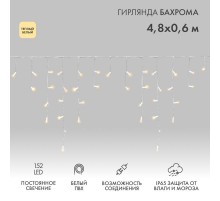 Гирлянда Айсикл (бахрома) светодиодный, 4,8 х 0,6 м, белый провод, 230 В, диоды ТЕПЛЫЙ БЕЛЫЙ,  152 LED  255-138-6  NEON-NIGHT
