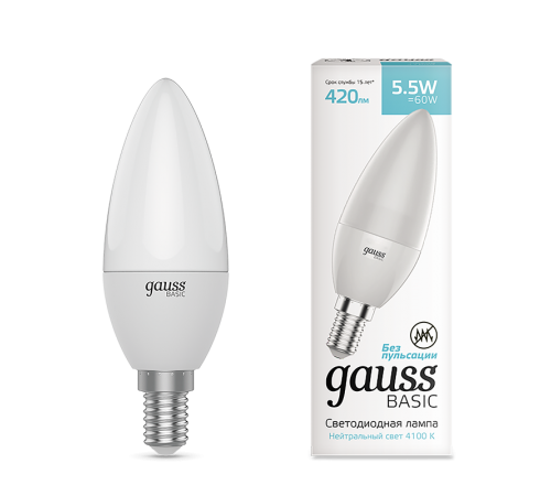 Лампа светодиодная   Basic Свеча 5.5W 410lm 4000K E14 LED 1/10/100  1033126  Gauss
