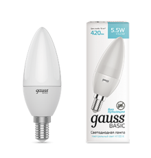 Лампа светодиодная   Basic Свеча 5.5W 410lm 4000K E14 LED 1/10/100  1033126  Gauss