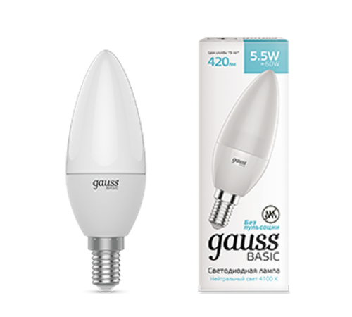 Лампа светодиодная   Basic Свеча 5.5W 410lm 4000K E14 LED 1/10/100  1033126  Gauss
