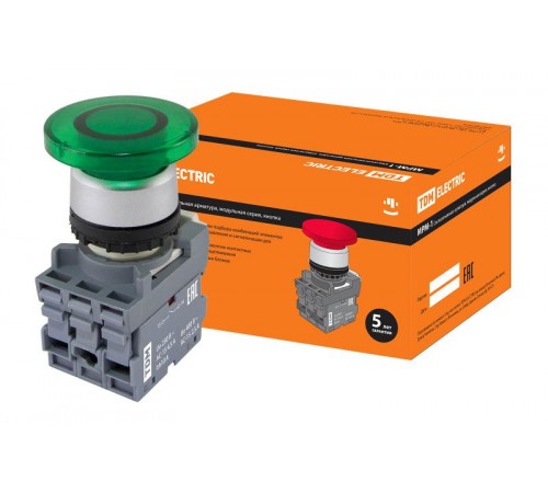 Кнопка грибовидная МРМ1-11G(LED) в сборе d40мм/220B 1з+1р зеленая  SQ0747-0031  TDM