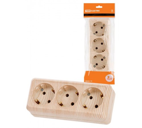 Розетка 3-х местная горизонтальная 2П+3 открытой установки IP20 16A сосна "Ладога"  SQ1801-0426  TDM