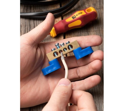 Шина "0" N (8х12мм) 4 отверстия латунь 2 синих угловых изолятора EKF PROxima  sn0-125-04-2  EKF