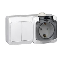 Этюд Белый О/У Блок: Розетка с заземлением со шторками + Выключатель 2-клавишный IP44  BPA16-242B  SE