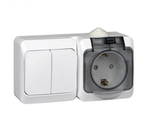 Этюд Белый О/У Блок: Розетка с заземлением со шторками + Выключатель 2-клавишный IP44  BPA16-242B  SE