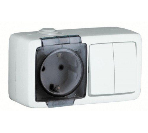 БА16-212 Блок открытой установки, брызгозащищенный , розетка с заземляющим контактом + двухклавишный выключатель, цвет белый  БА16-212  HEGEL