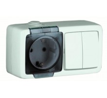 БА16-212 Блок открытой установки, брызгозащищенный , розетка с заземляющим контактом + двухклавишный выключатель, цвет белый  БА16-212  HEGEL