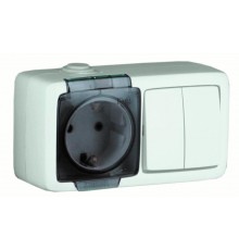 БА16-212 Блок открытой установки, брызгозащищенный , розетка с заземляющим контактом + двухклавишный выключатель, цвет белый  БА16-212  HEGEL