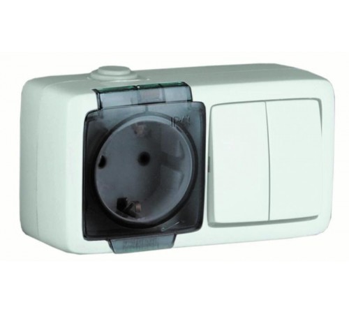 БА16-212 Блок открытой установки, брызгозащищенный , розетка с заземляющим контактом + двухклавишный выключатель, цвет белый  БА16-212  HEGEL