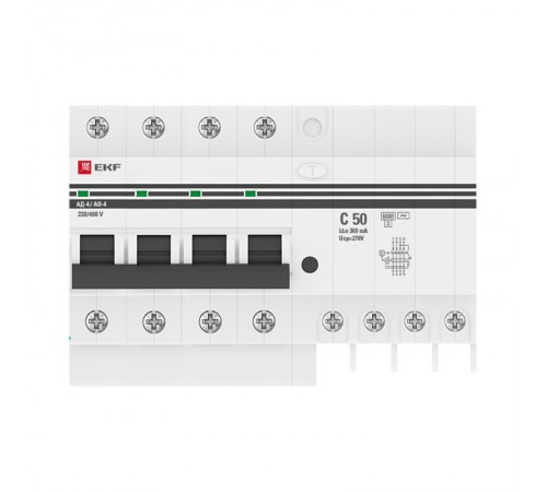 Выключатель автоматический дифференциального тока АД-4 50А/300мА (характеристика C, AC, электронный, защита 270В) 6кА PROxima  DA4-6-50-300-pro  EKF