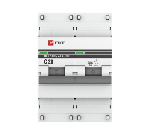 Выключатель автоматический двухполюсный 2P 20А (C) 10kA ВА 47-100 PROxima  mcb47100-2-20C-pro  EKF