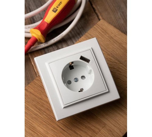 Розетка 1-местная СП с/з Минск 16А белая с защ. штор. с USB  EKF  ERR16-028-100-USB  EKF