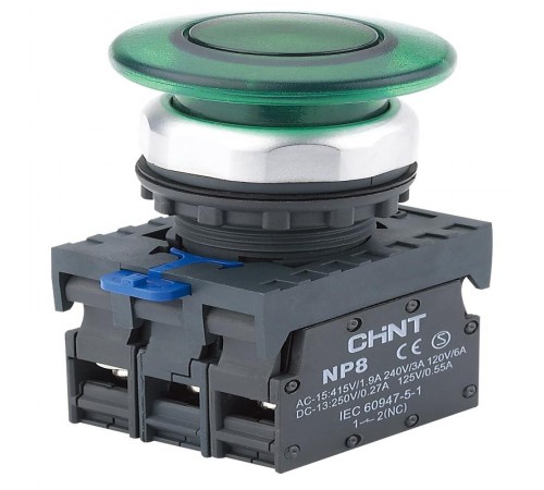 Кнопка управления "Грибок" 40мм NP8-10MD/13 подсвет., самовозв., зелен., AC110-230В, 1НО, IP65 (R)  667595  CHINT