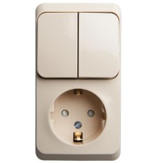 Этюд Кремовый О/У Блок: Розетка с заземлением со шторками + Выключатель 2-клавишный  BPA16-202K  SE