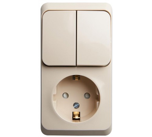 Этюд Кремовый О/У Блок: Розетка с заземлением со шторками + Выключатель 2-клавишный  BPA16-202K  SE