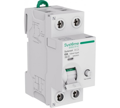 Systeme9 Выключатель дифференциального тока (ВДТ) 63A 2P 100мА Тип-A-S 230В  S9R28263  SE
