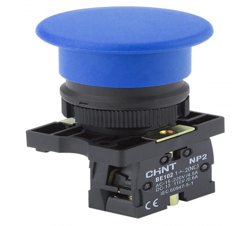 Кнопка управления "Грибок" 40мм самовозв. NP2-EC52 без подсветки, синяя 1НЗ, IP40 (R)  575961  CHINT