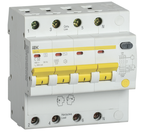 Выключатель автоматический дифференциального тока АД14S 4п 40А C 100мА тип AC (5 мод)  MAD13-4-040-C-100  IEK