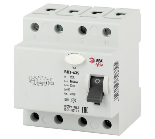 Выключатель дифференциальный (УЗО) ВД1-63S Селективное 3P+N 32А 100mA NO-902-154 ЭРА Pro  Б0036859  ЭРА