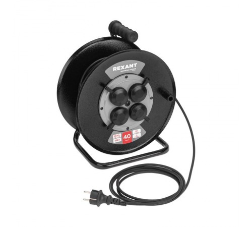 Удлинитель силовой КГ на катушке 4 гнезда, с/з, 40м, 3х1,5мм, IP44 c защитными крышками, металлическая катушка  13-5012  REXANT