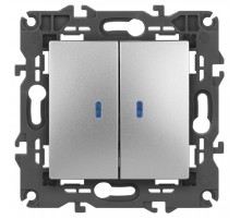 14-1105-03 Выключатель 2-клавишный с подсветкой, 10АХ-250В, IP20, Эра Elegance, алюминий  Б0034239  ЭРА