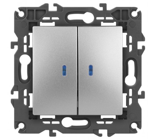 14-1105-03 Выключатель 2-клавишный с подсветкой, 10АХ-250В, IP20, Эра Elegance, алюминий  Б0034239  ЭРА