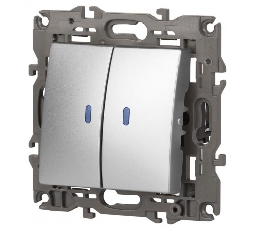 14-1105-03 Выключатель 2-клавишный с подсветкой, 10АХ-250В, IP20, Эра Elegance, алюминий  Б0034239  ЭРА