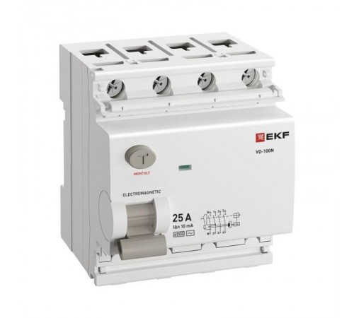 Выключатель дифференциального тока ВД-100N 4P 25А 10мА тип AC эл-мех 6кА PROXIMA EKF  E1046M2510  EKF