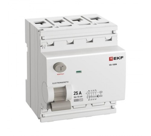 Выключатель дифференциального тока ВД-100N 4P 25А 10мА тип AC эл-мех 6кА PROXIMA EKF  E1046M2510  EKF