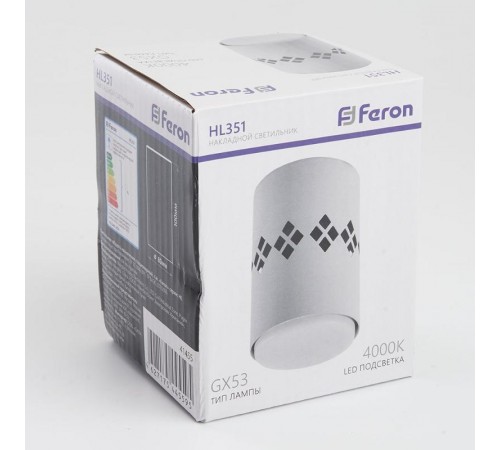 Светильник потолочный под лампу макс 12W, 230V, GX53 и подсветка 4000K, белый HL351  41455  FERON
