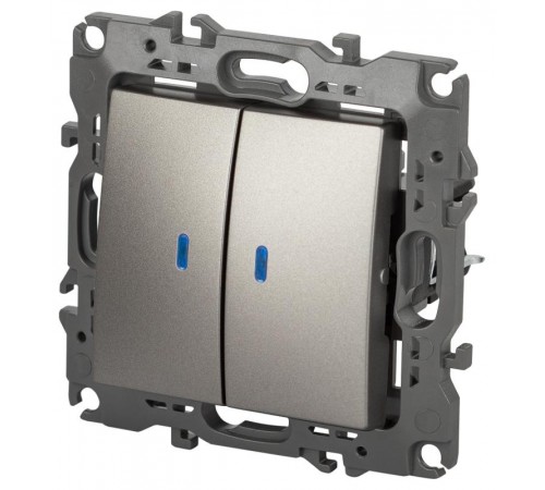 Выключатель ЭРА Серия 12 12-1105-16 двойной с подсветкой, 10АХ-250В, титан   Б0065719  ЭРА